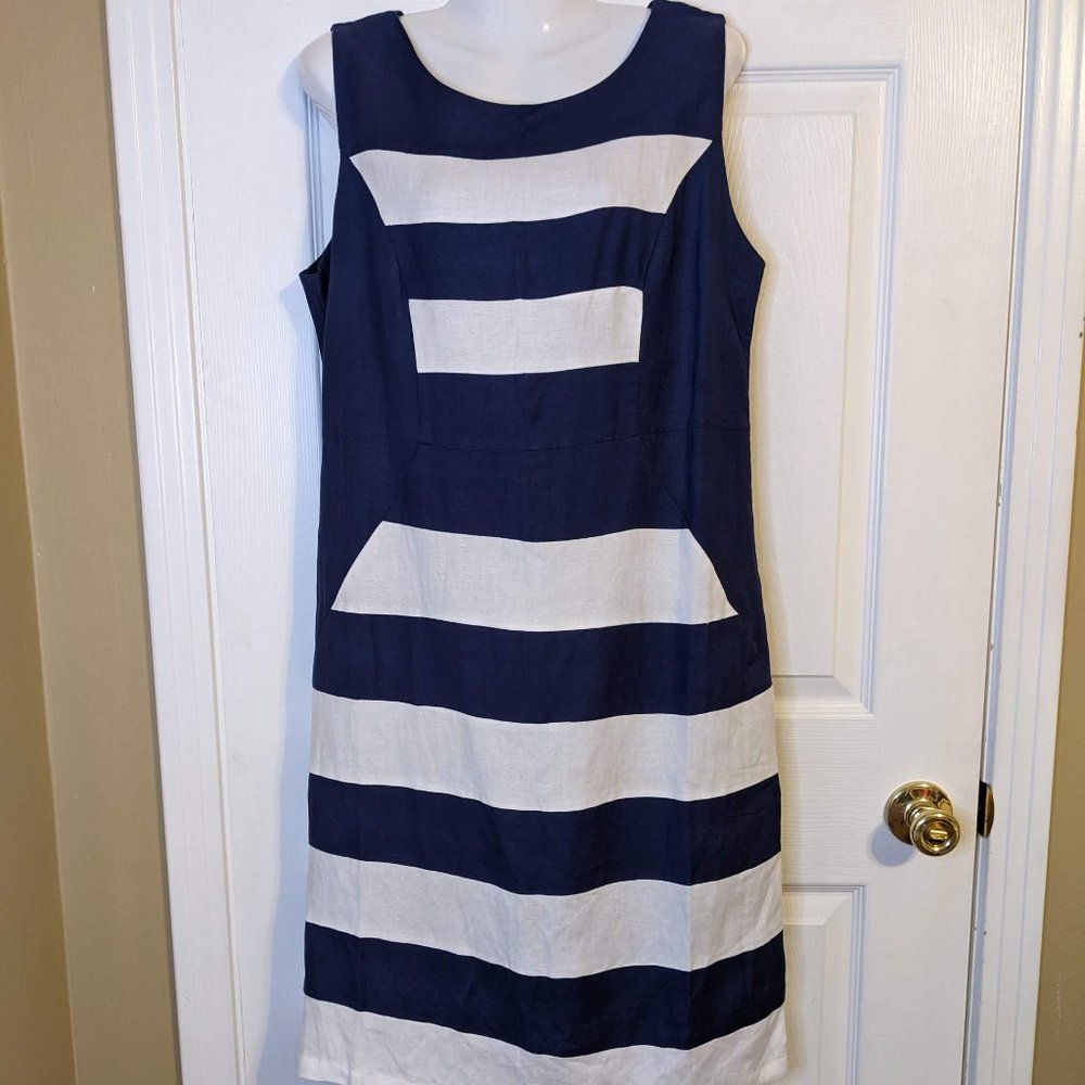 Lino USA Blue & White Striped Linen Blend Sleeveless Midi Dress - size M NWT